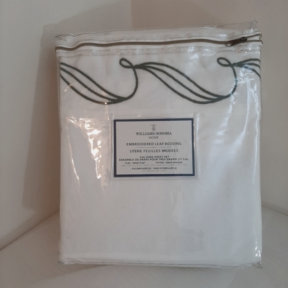 Williams Sonoma Linen Embroidered Leaf California King Sheet Set - Picture 9 of 13